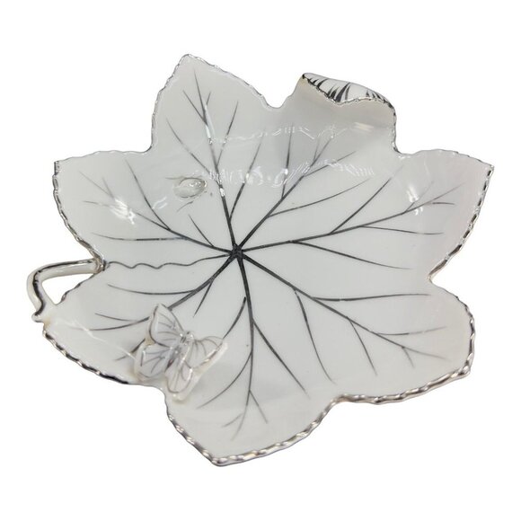 Andrea By Sadek Hand Painted Leaf Dish Bowl Silver Overlay Butterfly And A Bug - Picture 2 of 15